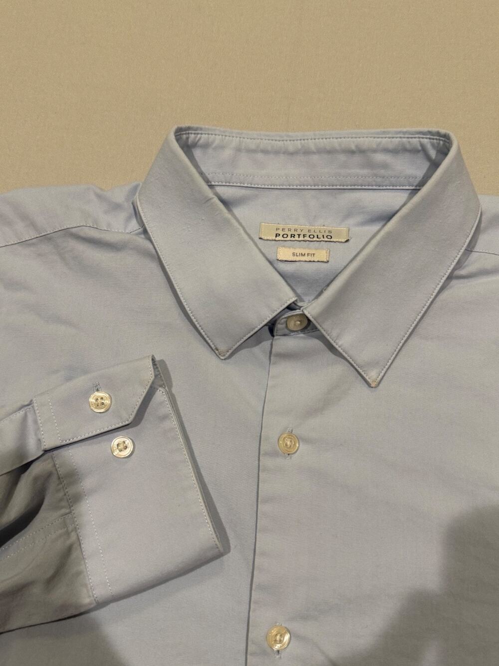 Perry Ellis Portfolio Mens XL Slim Fit Dress Shirt Light Blue Long Sleeve Button